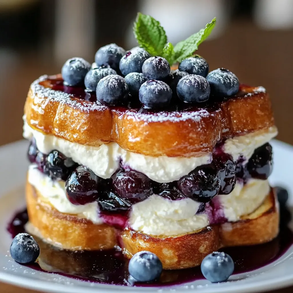 A stack of blueberry pancakes with whipped cream.