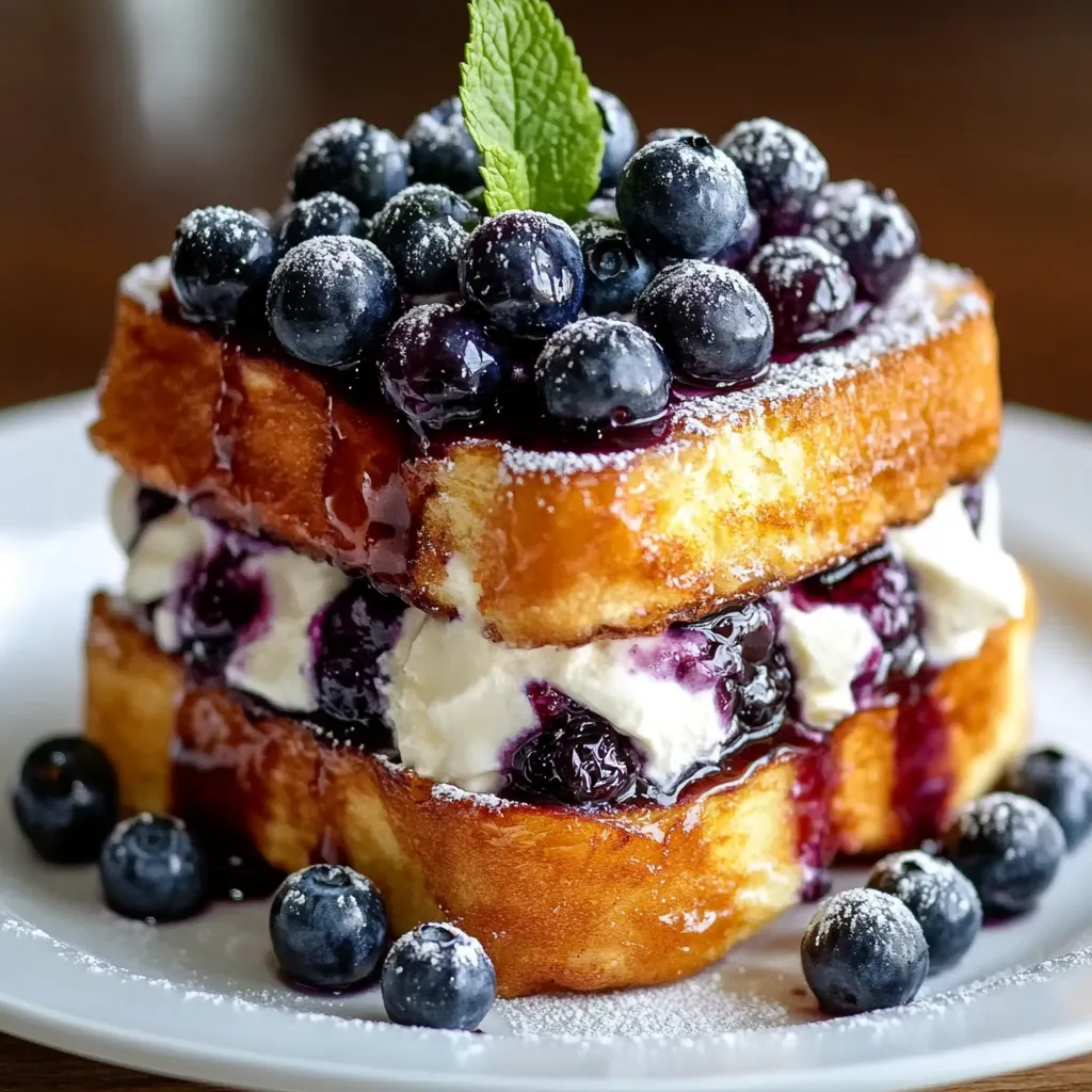 A stack of blueberry pancakes with whipped cream.