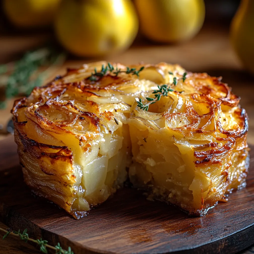 A slice of potato pie with lemon wedges on top.