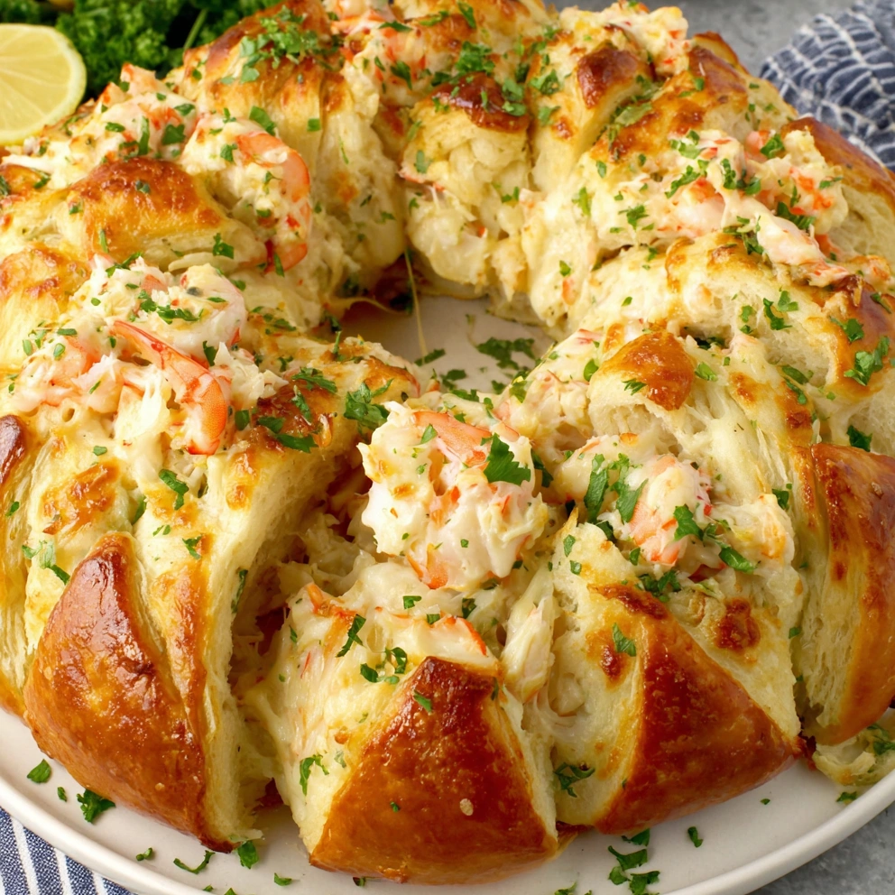 A cheesy shrimp and crab crescent ring on a plate.