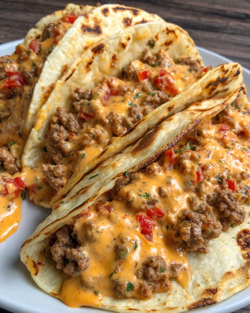 A plate of cheesy rotel beef soft tortillas.