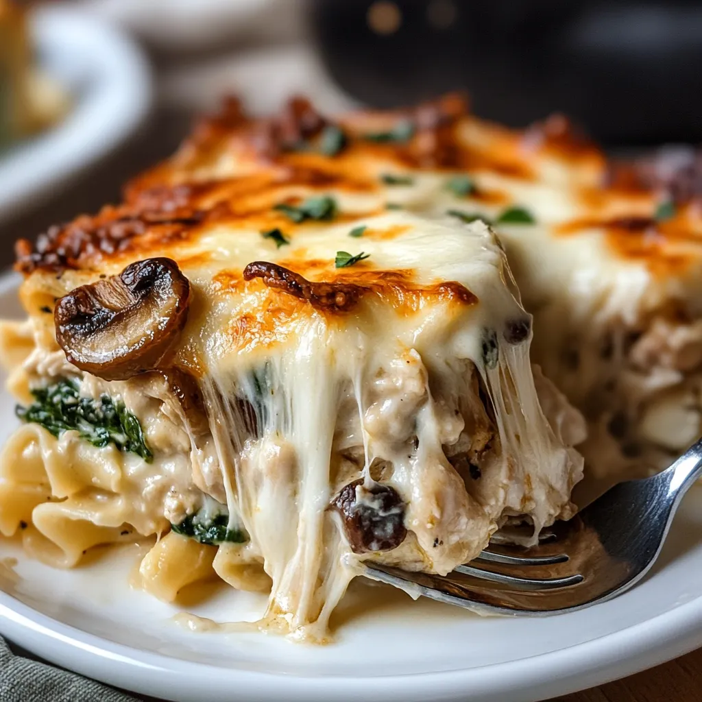 A slice of lasagna with mushrooms and cheese.