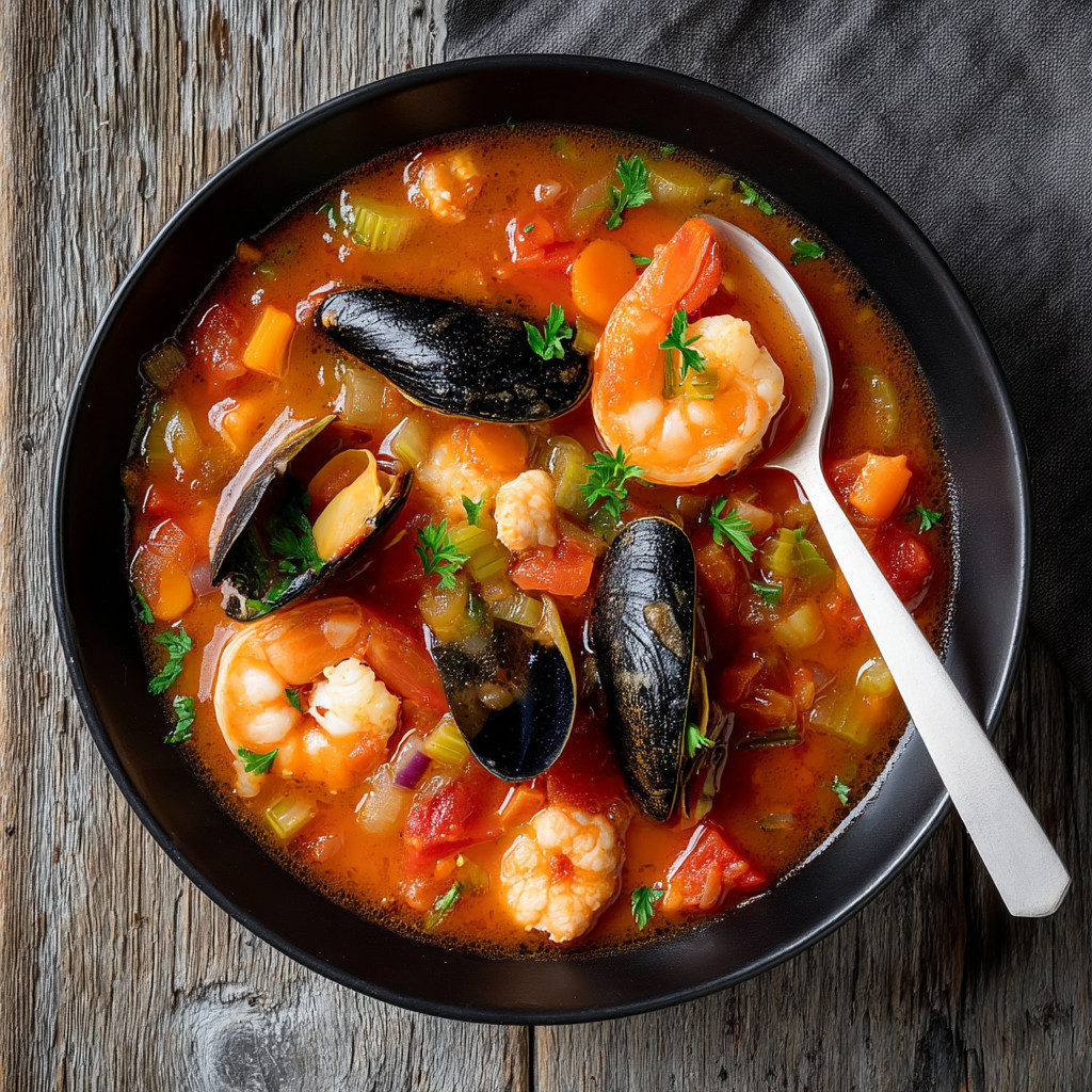 A bowl of seafood creole with shrimp, scallops, and mussels.