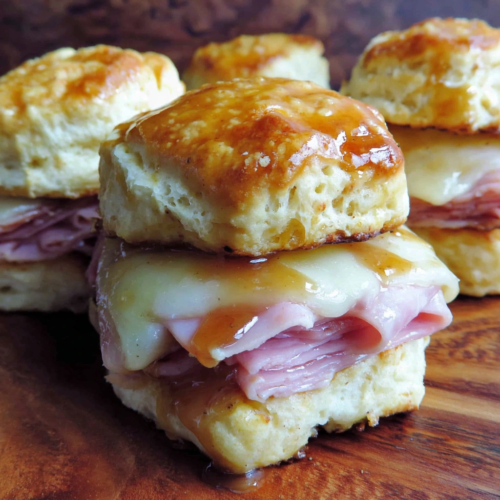 Two biscuits with ham and honey.