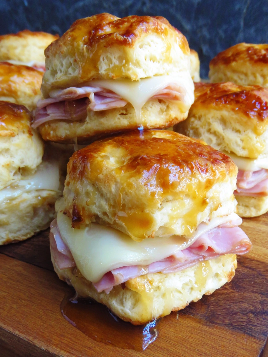 A stack of honey ham biscuit sliders.