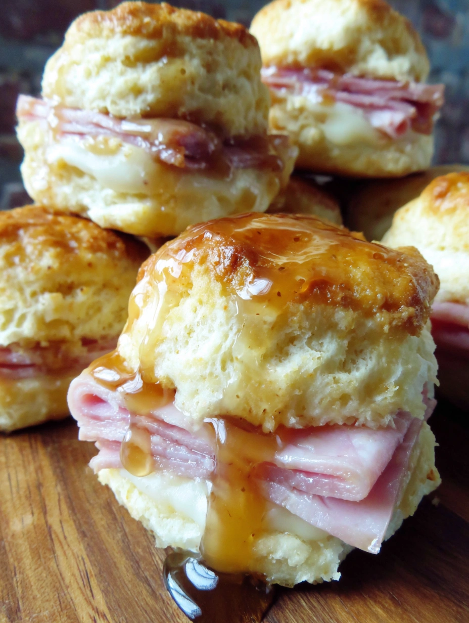 Honey ham biscuit sliders on a table.
