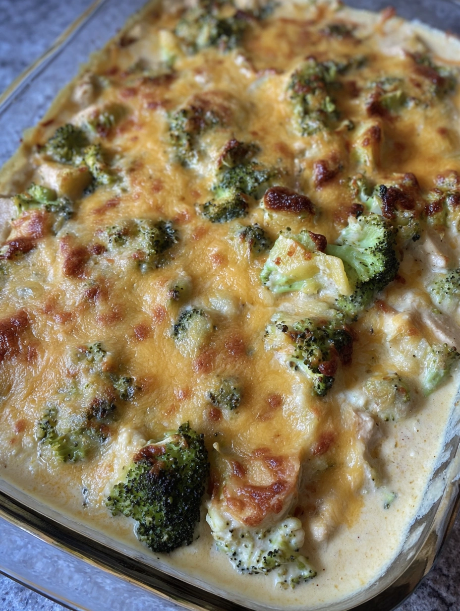 A close up of a chicken broccoli potato casserole.