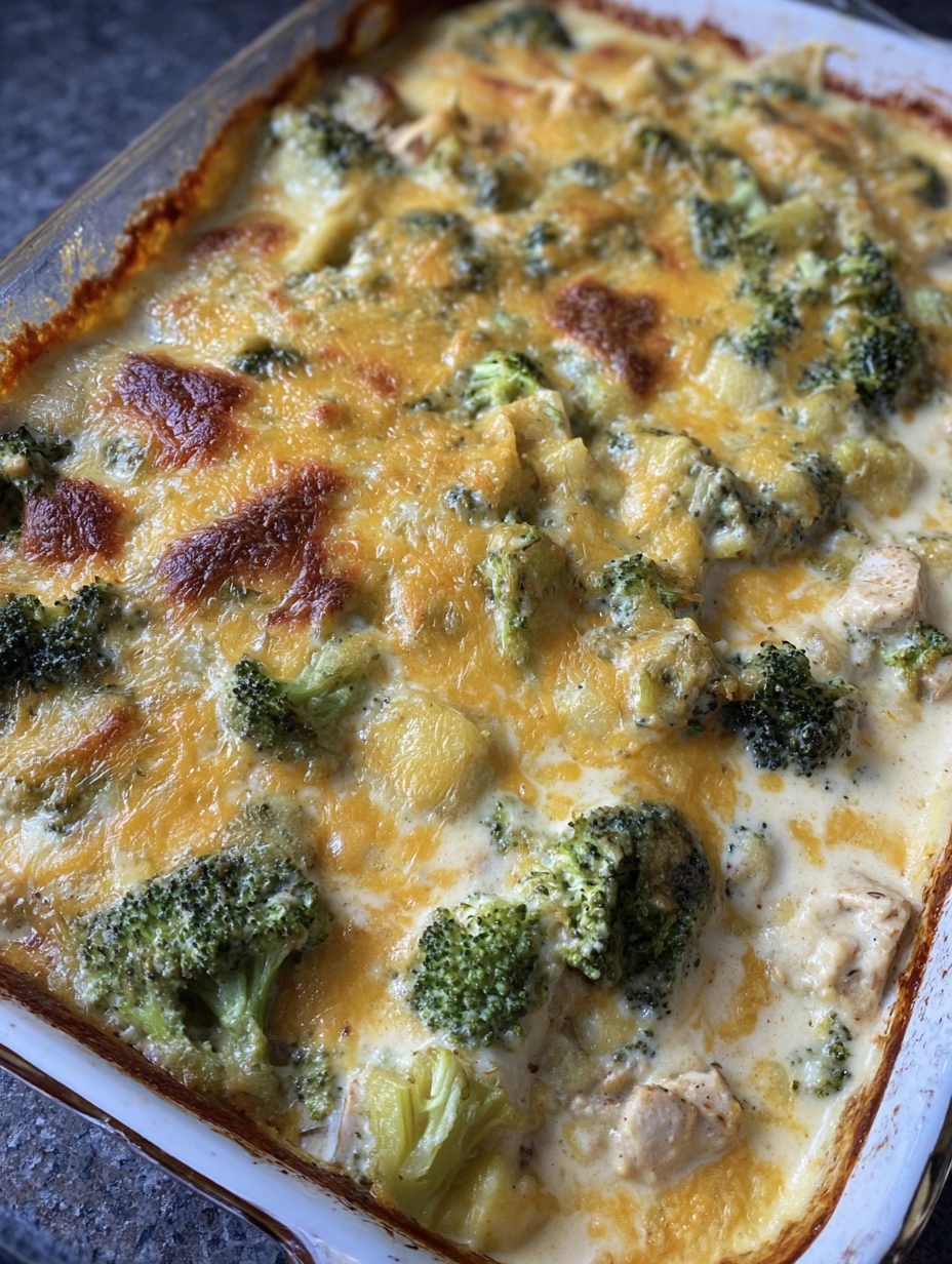 A casserole with chicken, broccoli, and potatoes.