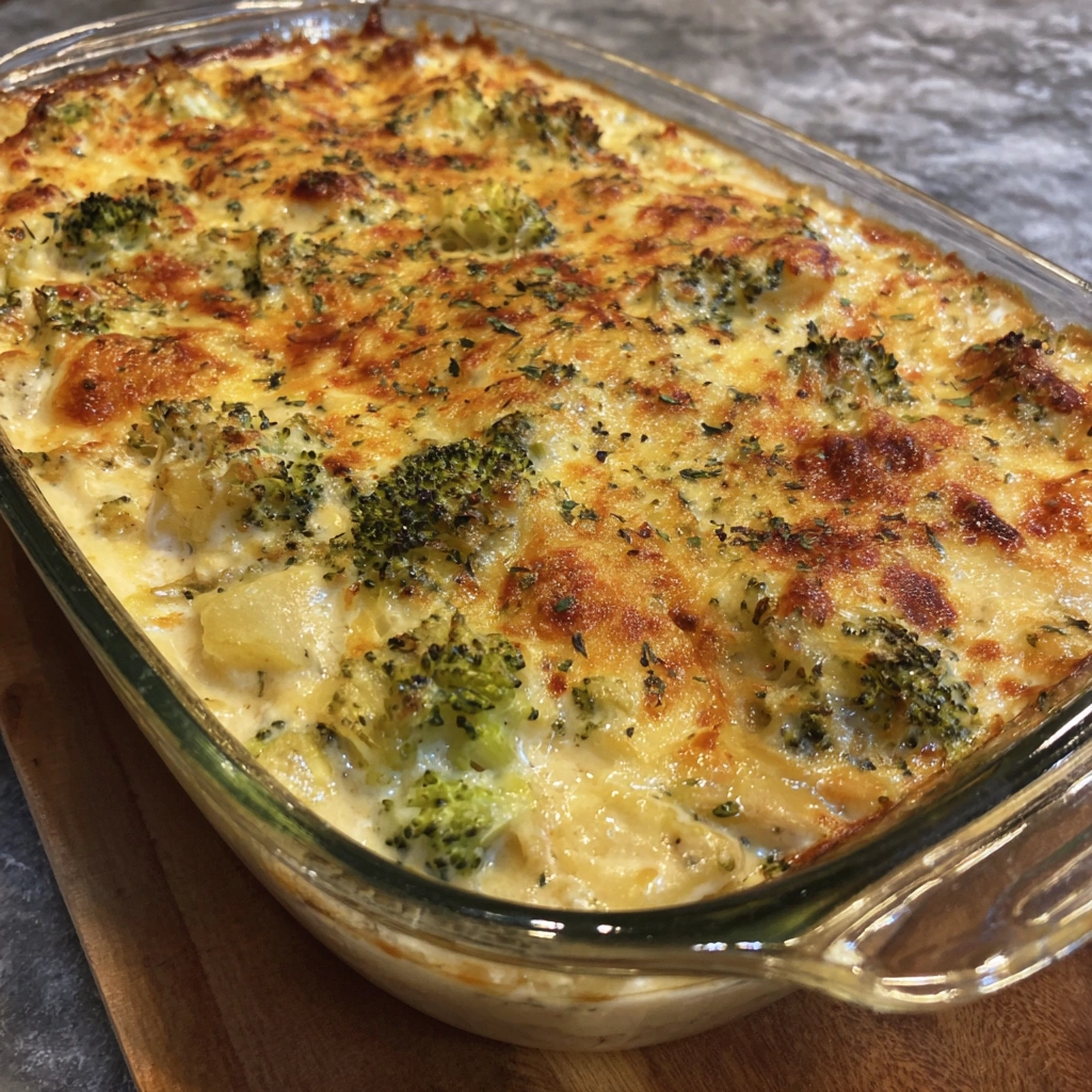 A casserole dish filled with chicken, broccoli, and potatoes.