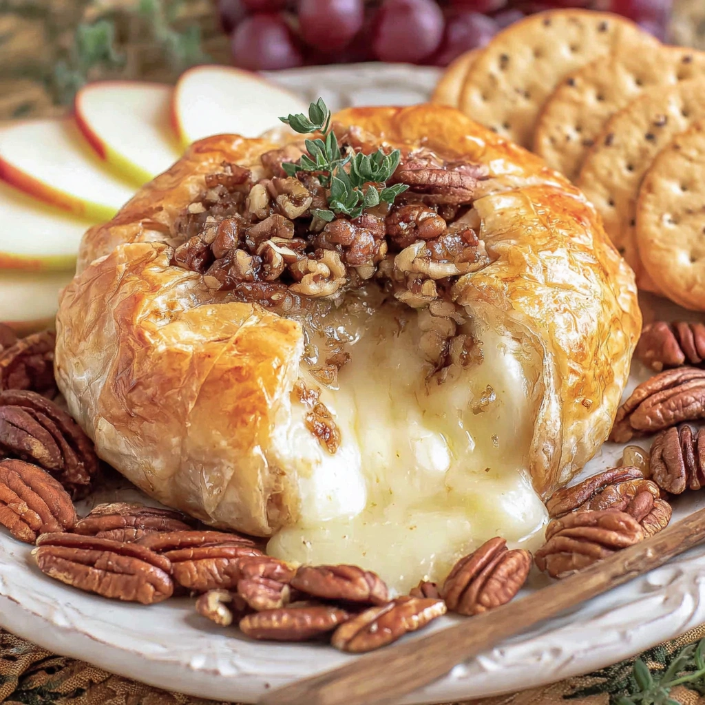 A pastry with a brie filling and a sprig of parsley on top.