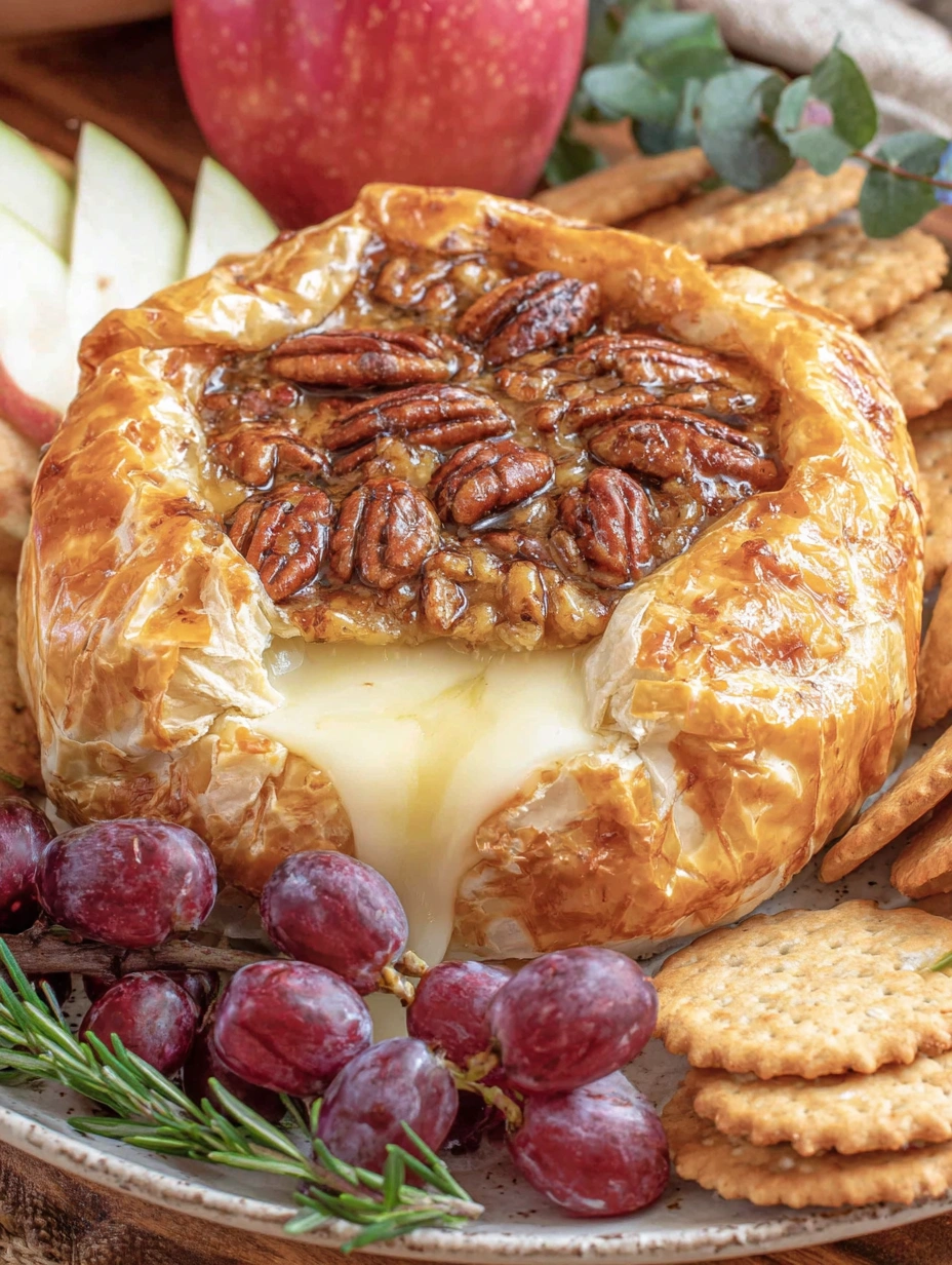 A baked brie in puff pastry with a slice of apple and an apple slice.