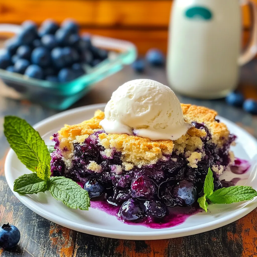 A blueberry dessert with a scoop of ice cream on top.