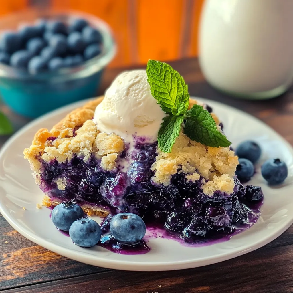 A slice of blueberry pie with a scoop of ice cream on top.
