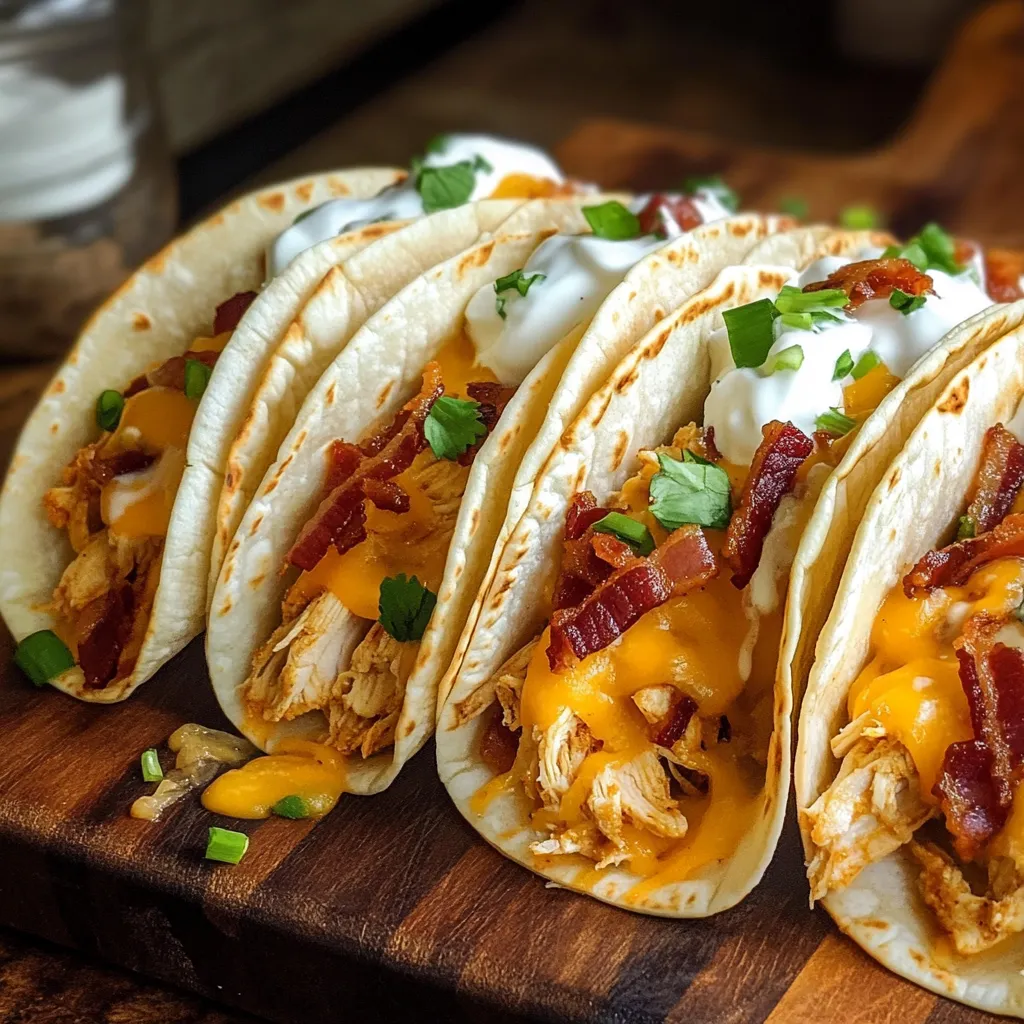 A wooden cutting board with four bacon wrapped chicken tacos.