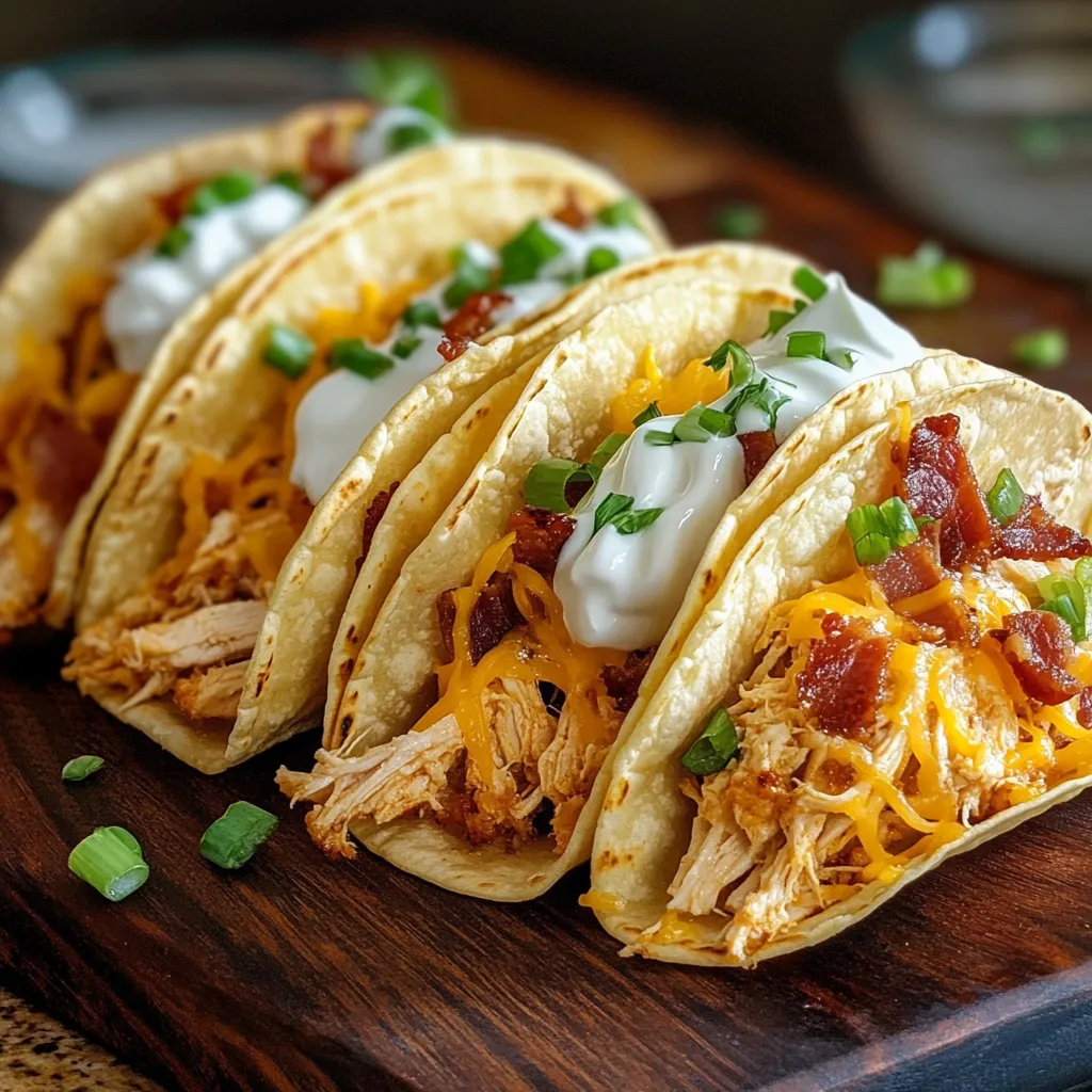 A plate of tacos with white sauce and bacon.