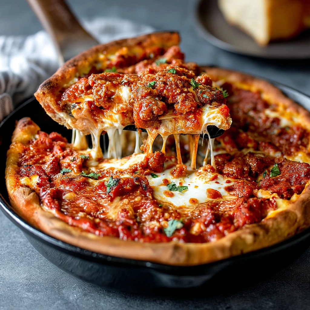 A slice of Chicago style deep dish pizza.