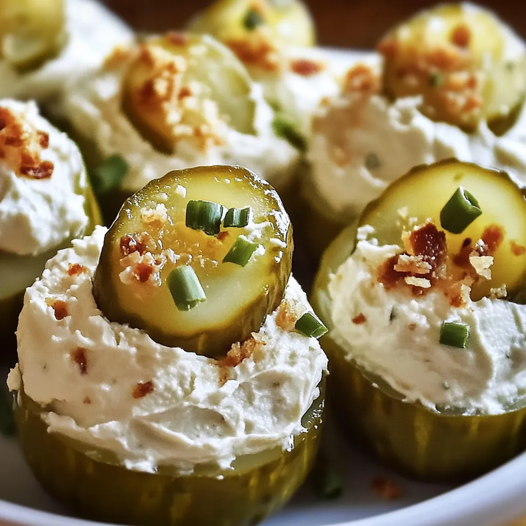 A plate of food with pickles and cream cheese.