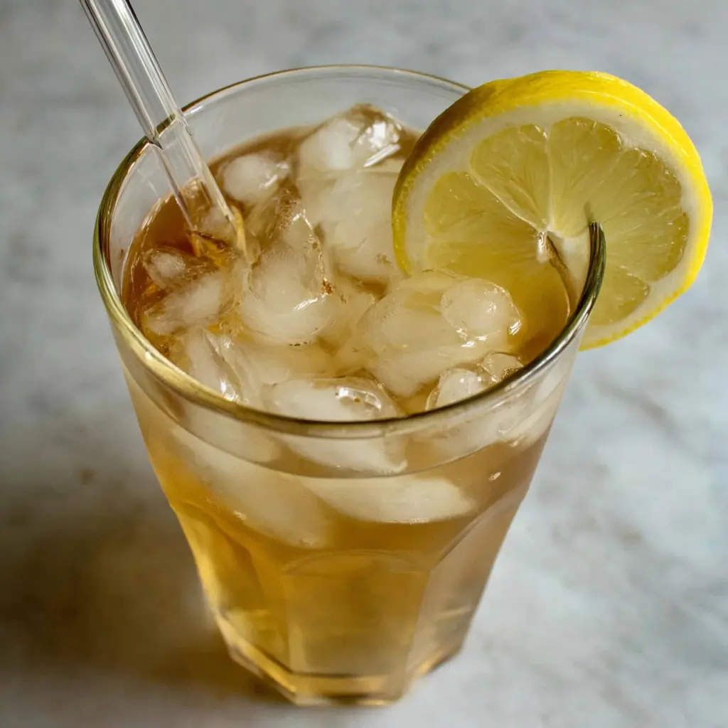 A glass of homemade ginger ale with a lemon wedge.
