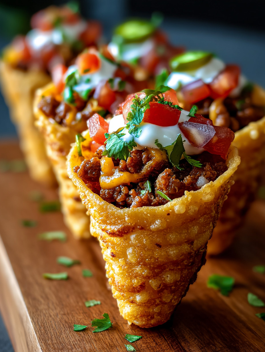 Three crispy taco cones with toppings.