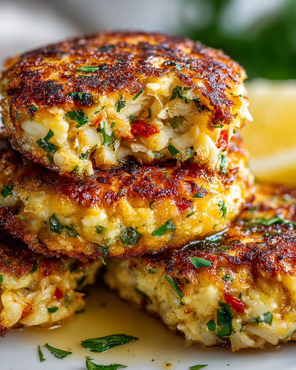 A stack of crab cakes with lemon wedges on top.