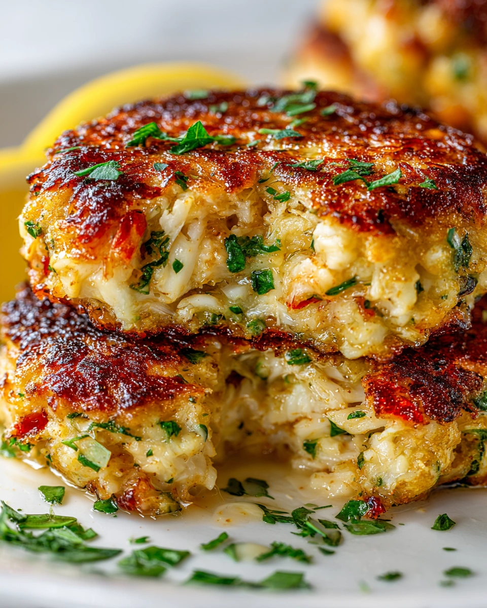 Two pieces of crab cake with lemon wedges on top.