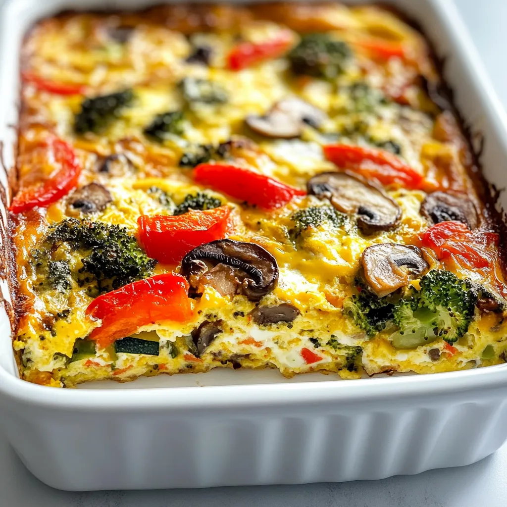 A white dish with a casserole of broccoli, mushrooms, and tomatoes.