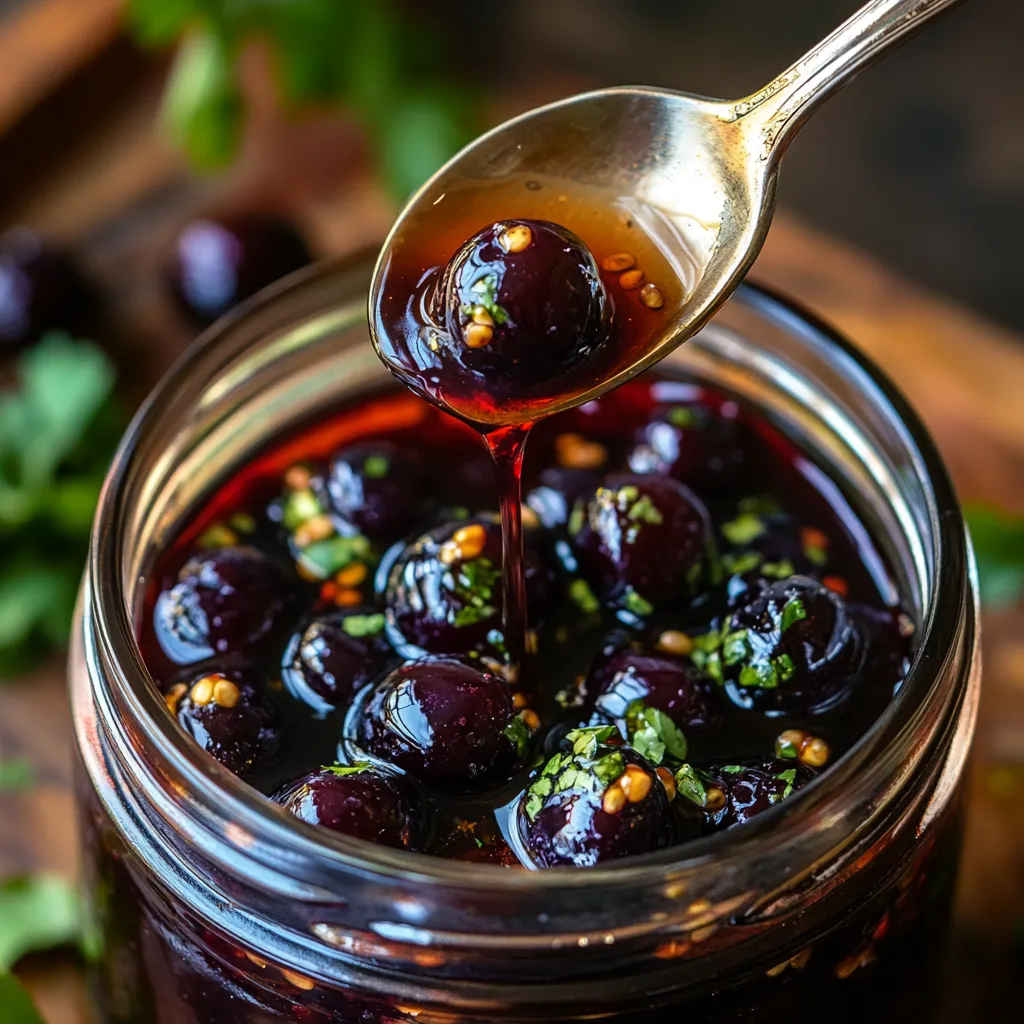 A spoon is in a jar of jam.