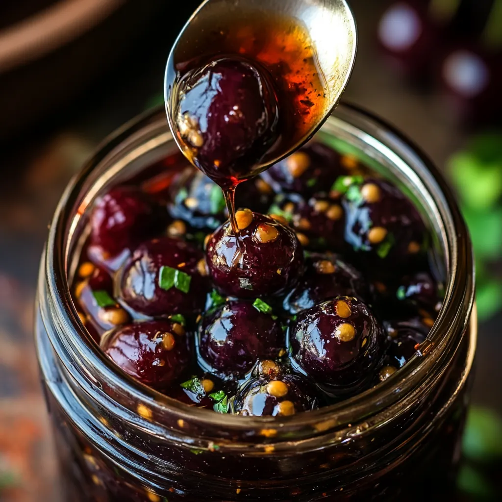 A jar of fruit with a spoon in it.