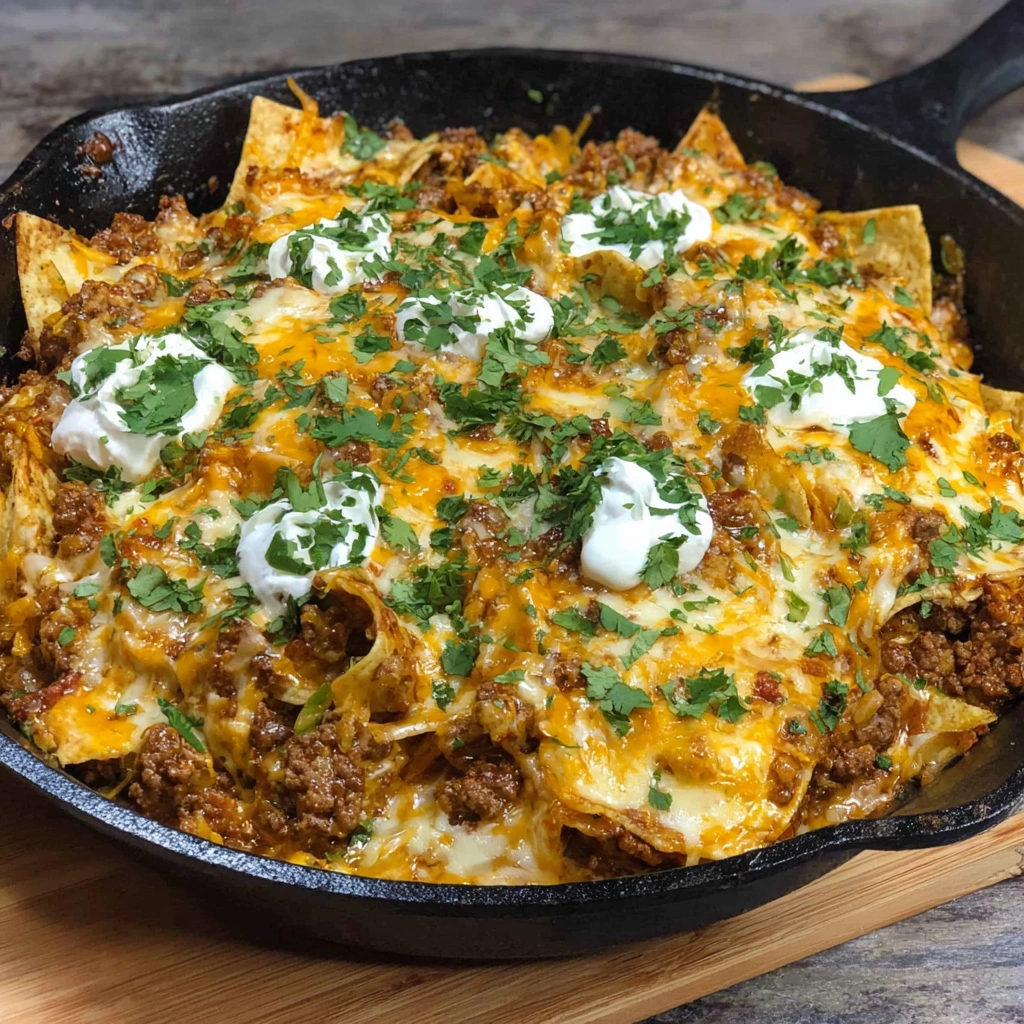 A skillet filled with a cheesy beef enchilada.