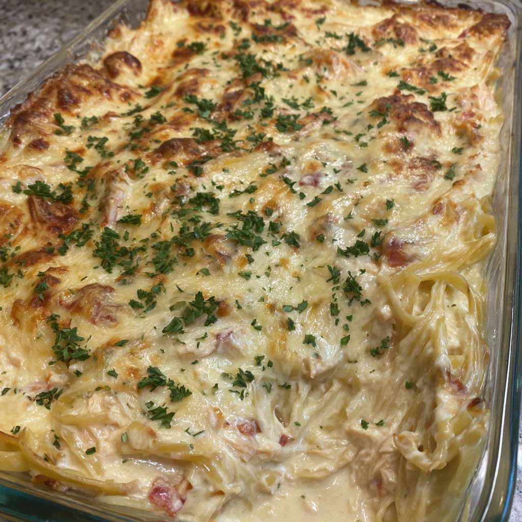 A close up of a homemade chicken spaghetti lasagna.