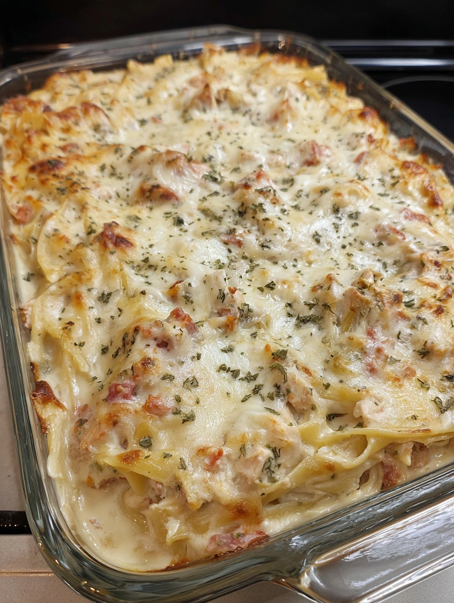 A dish of chicken spaghetti lasagna.