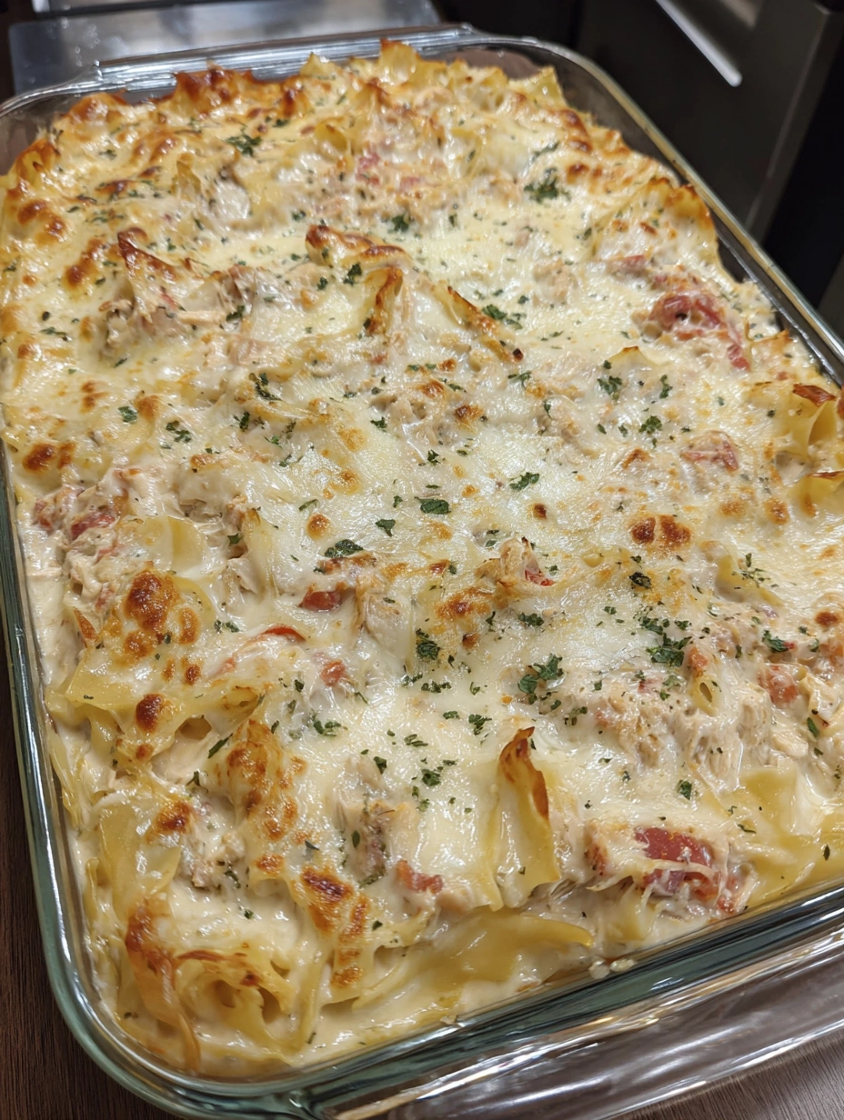A pan of chicken spaghetti lasagna.