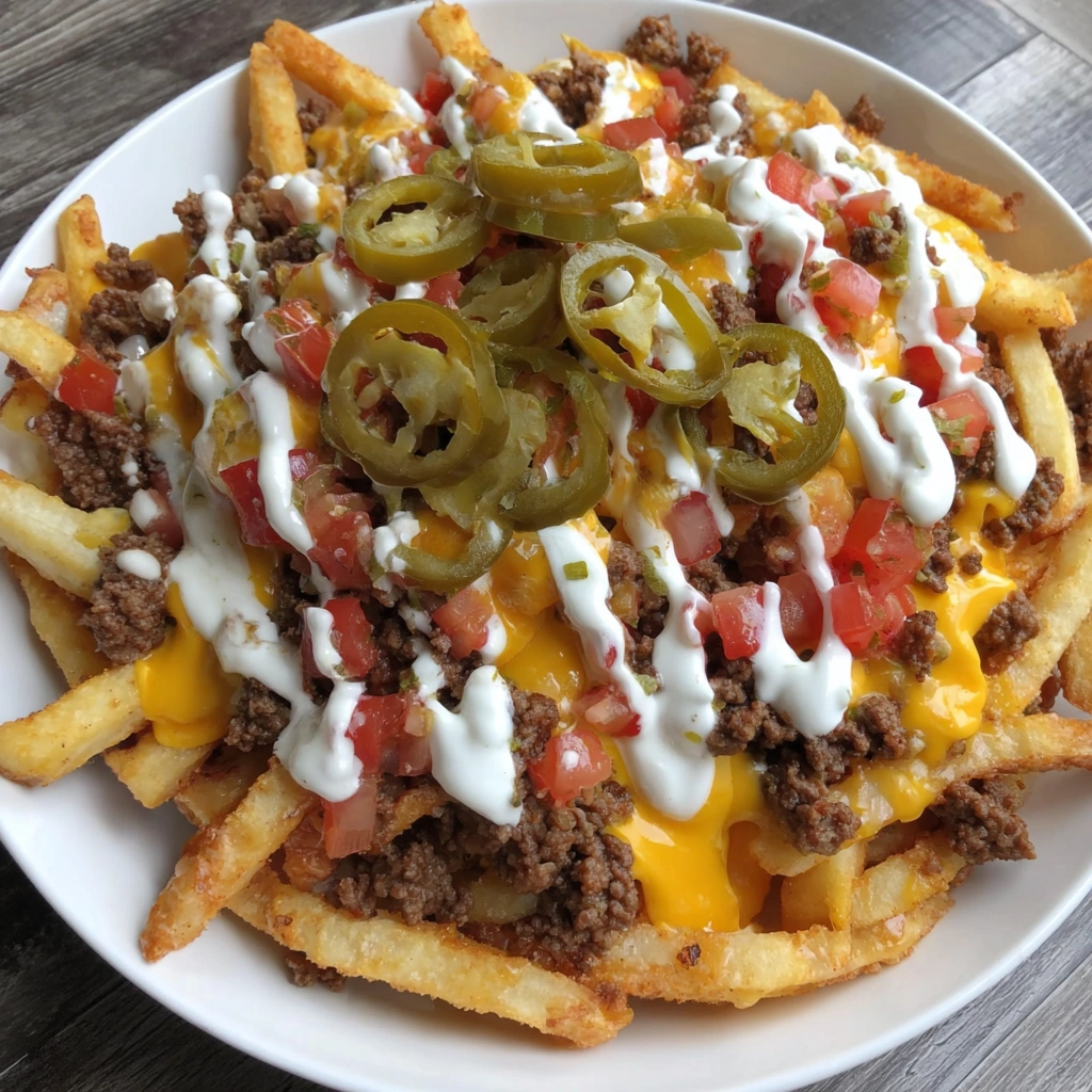 A plate of nacho fries with cheese and jalapenos.