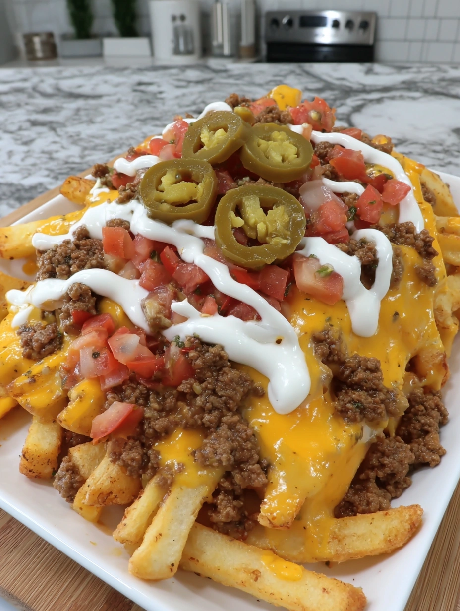 A plate of nacho fries with cheese and jalapenos.
