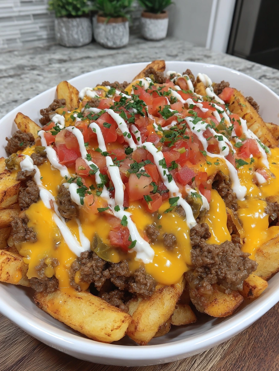 A plate of nacho fries with cheese and tomatoes.