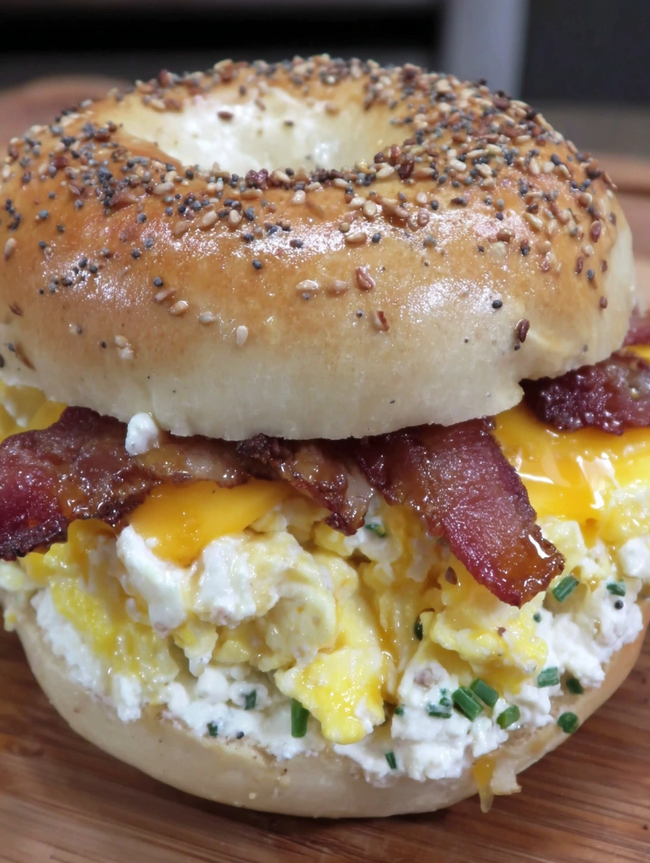A bagel sandwich with eggs, bacon, and cheese.