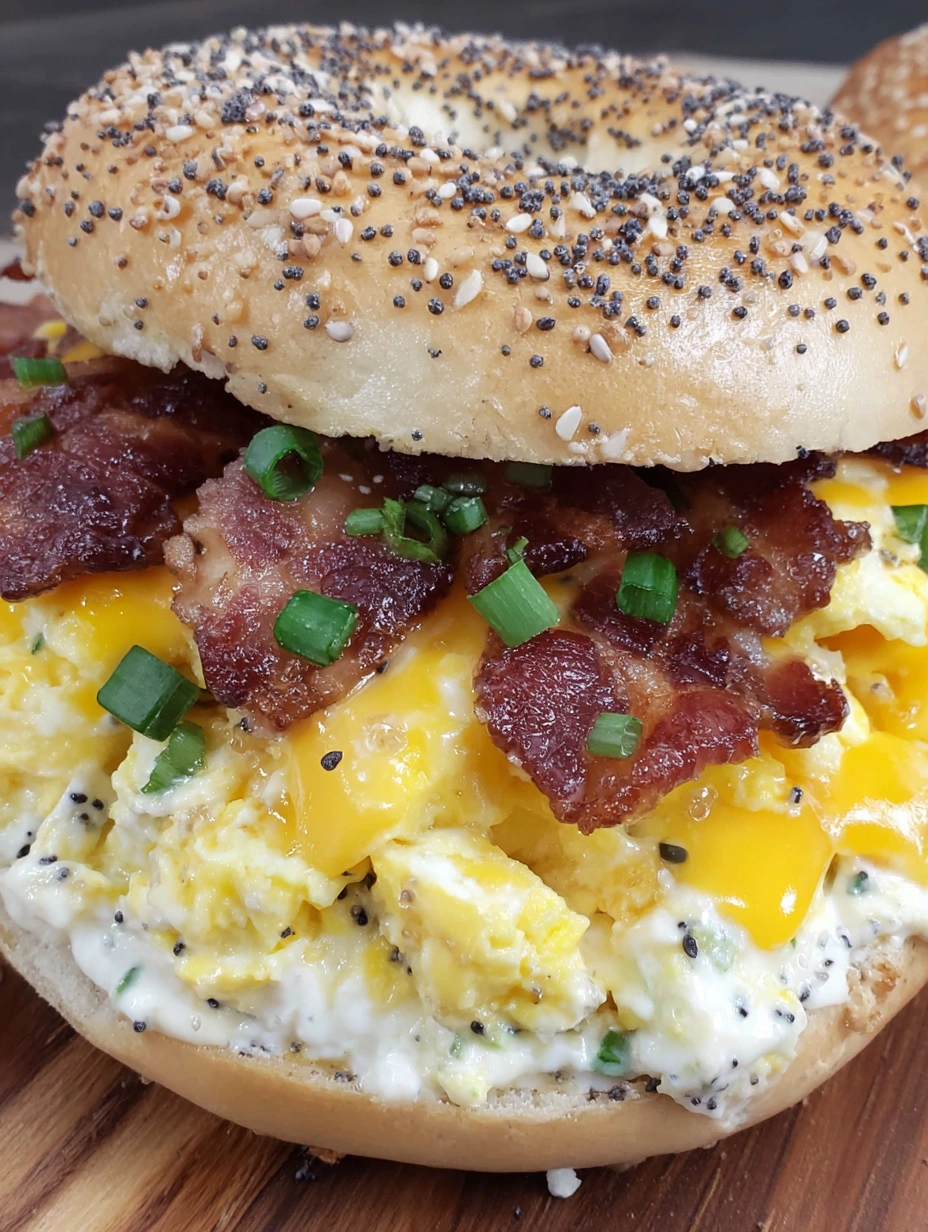 A bagel sandwich with eggs, bacon, and onions.
