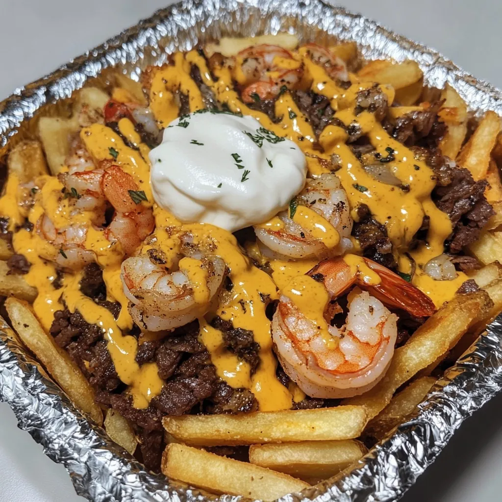 A shrimp and cheese covered french fry.