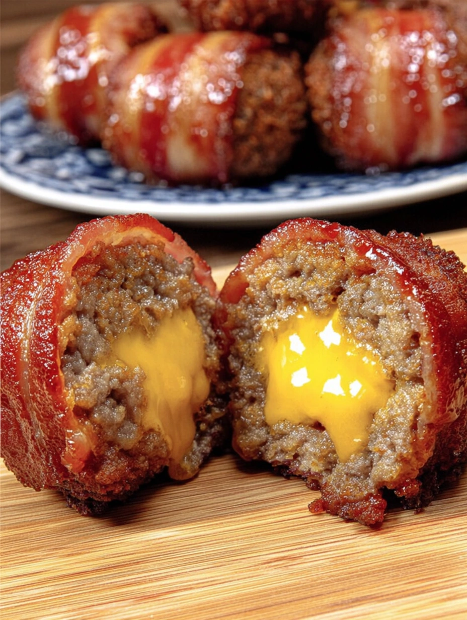 Bacon cheeseburger bombs on a wooden table.