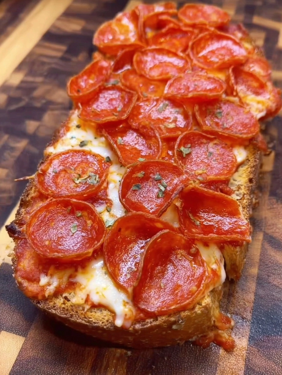 A slice of French bread pizza with pepperoni on top.
