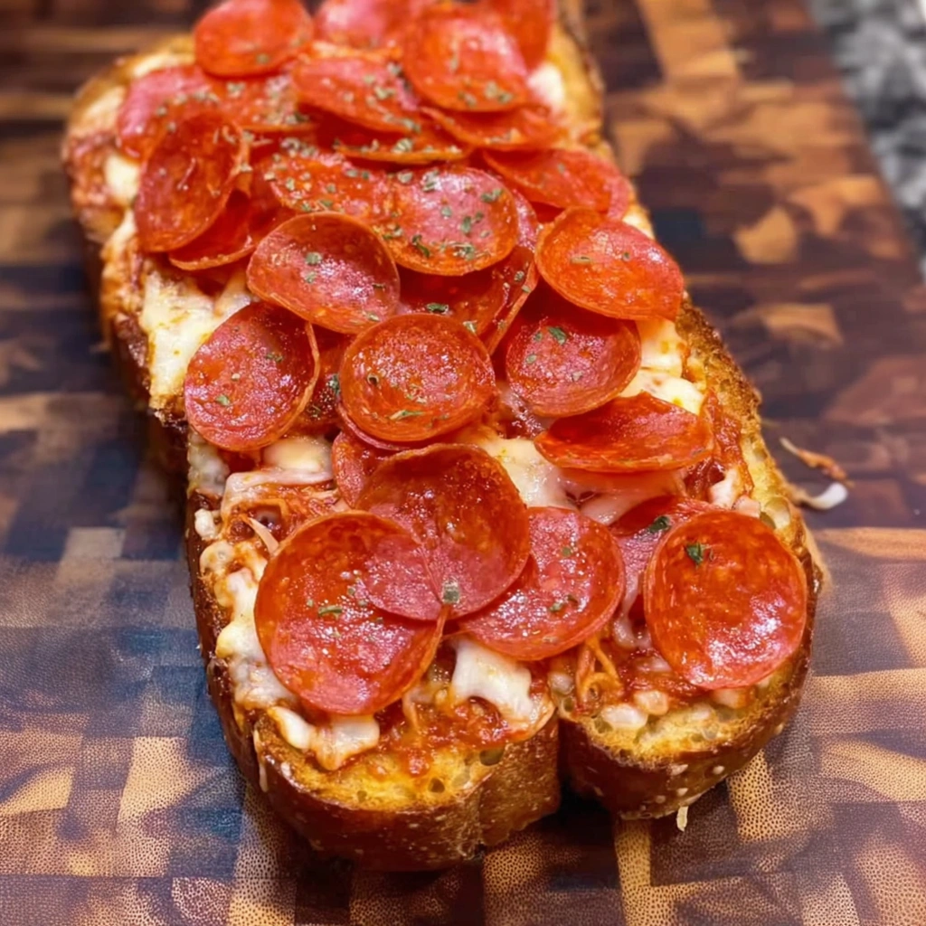 A slice of French bread pizza with pepperoni on top.