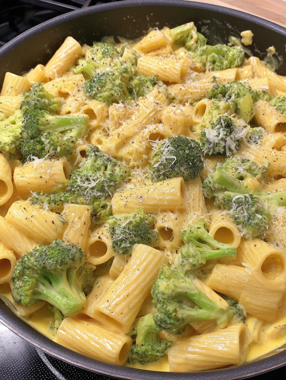 A dish of pasta with broccoli and cheese.
