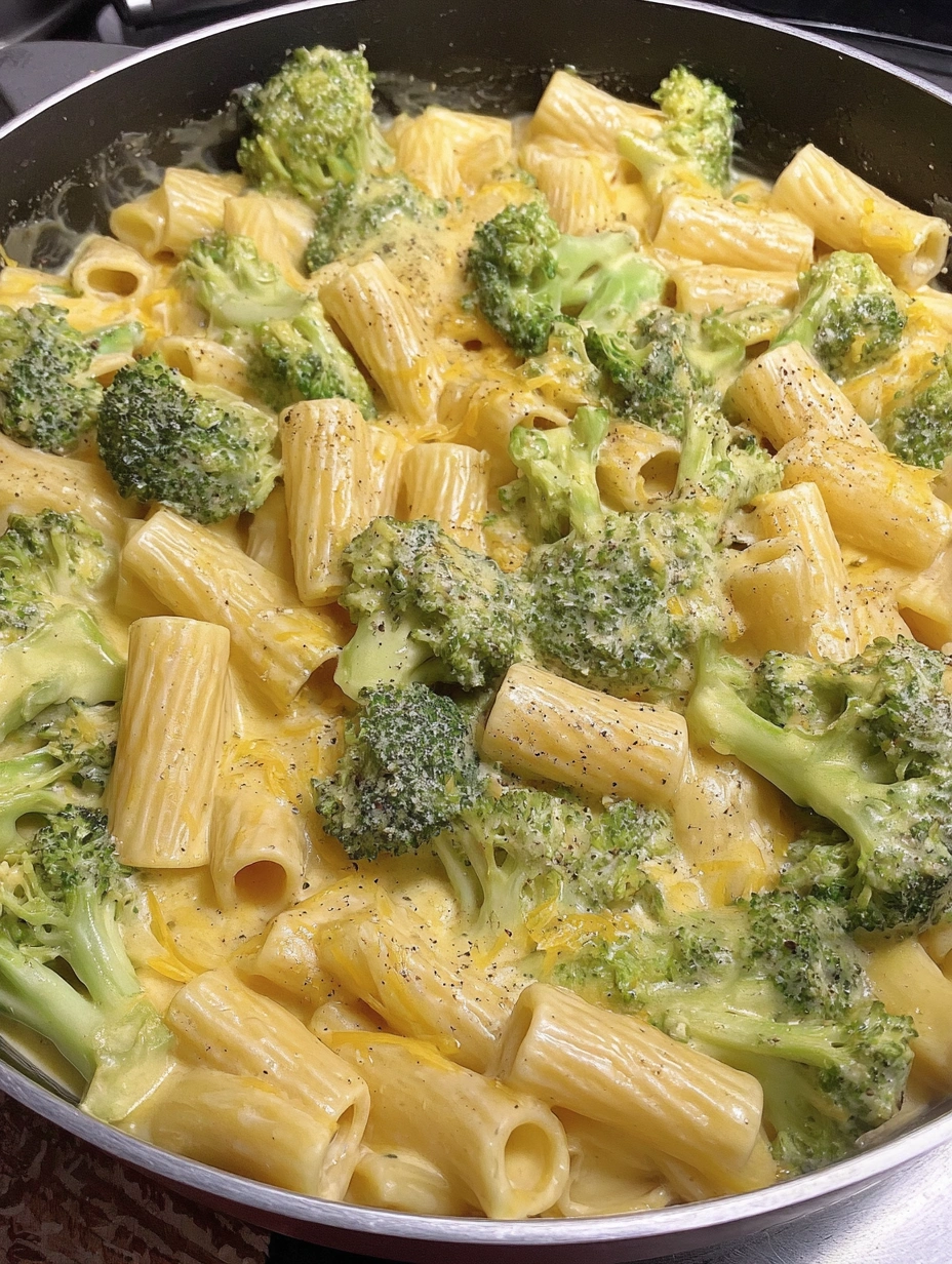 A dish of pasta with broccoli and cheese.