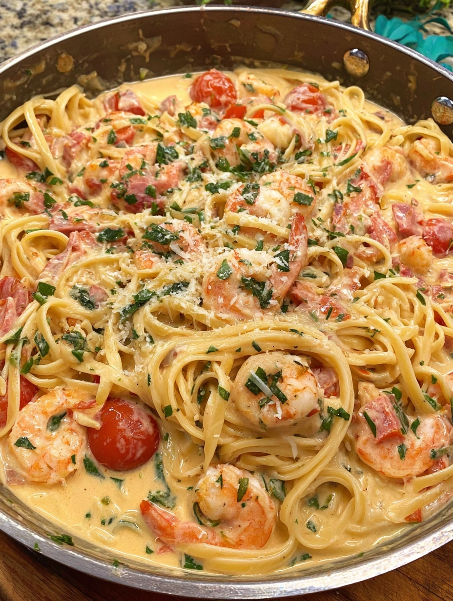 A dish of pasta with shrimp and tomatoes.