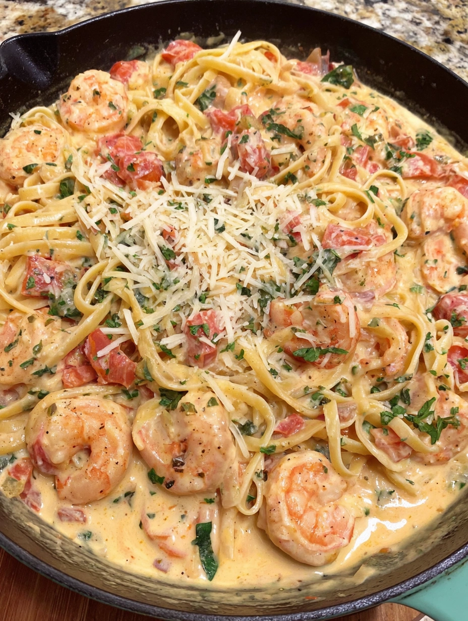 A dish of shrimp linguine with cheese and tomatoes.
