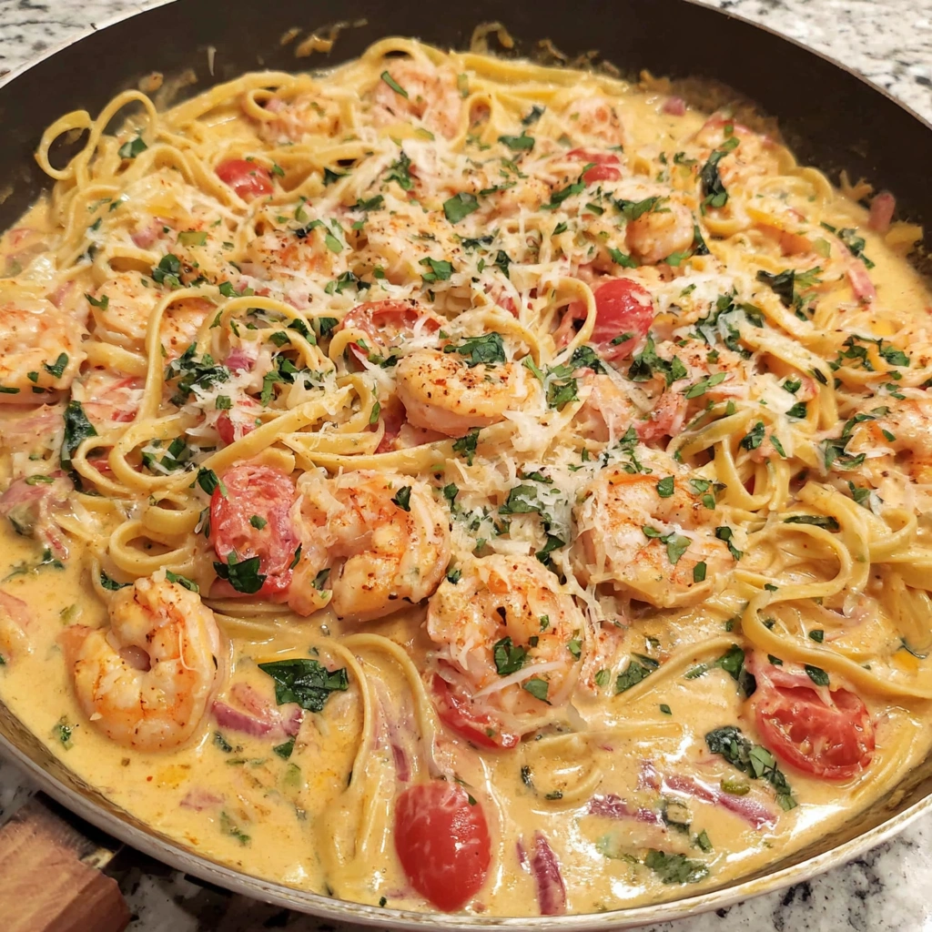 A delicious one pot creamy shrimp linguine dish.