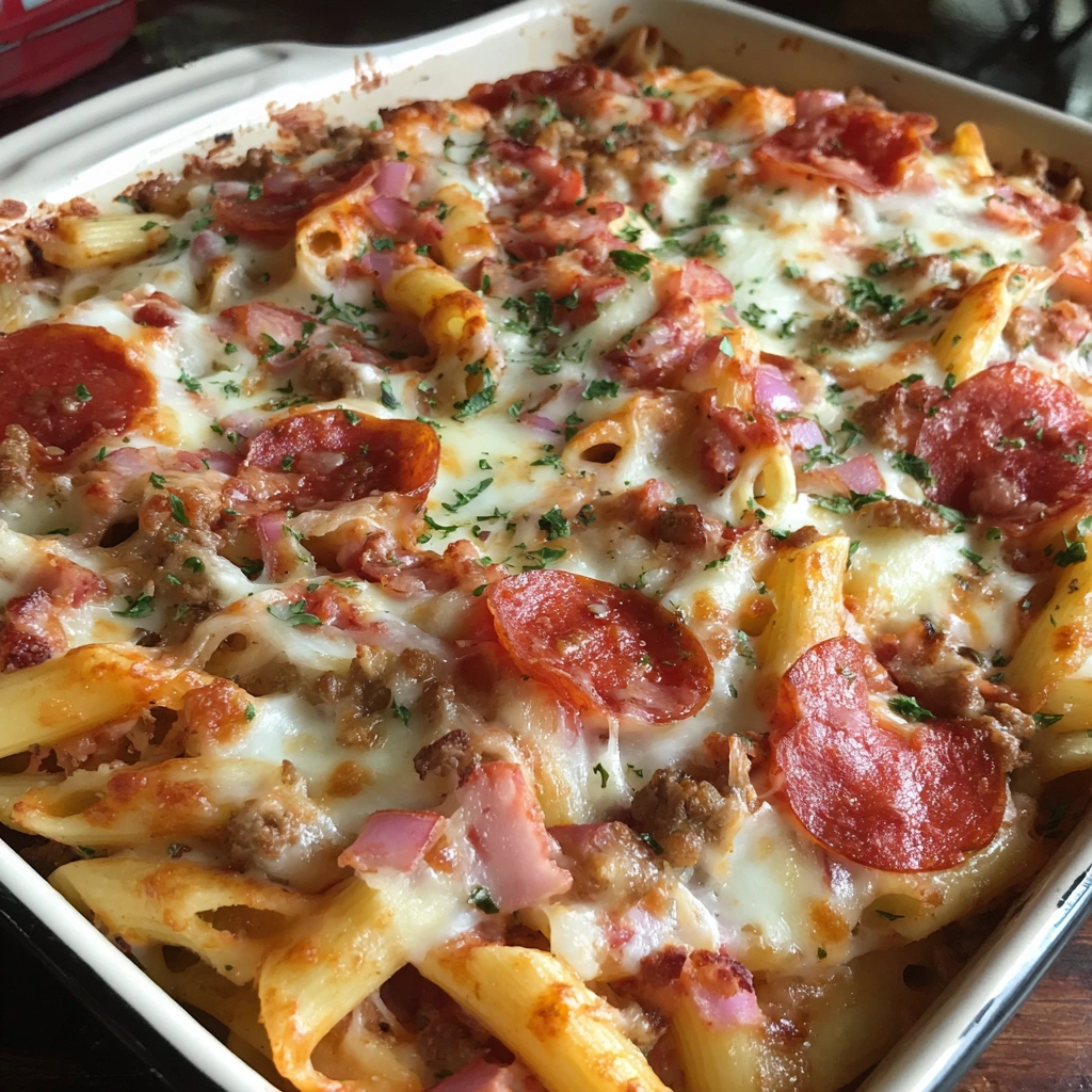 A delicious pizza pasta bake.
