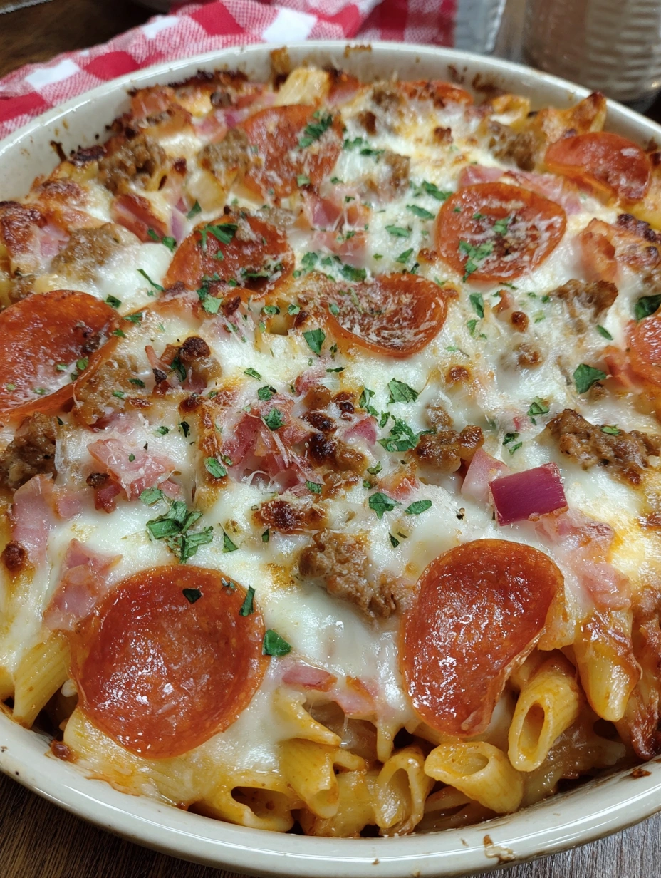 A delicious pizza pasta bake with pepperoni and cheese.