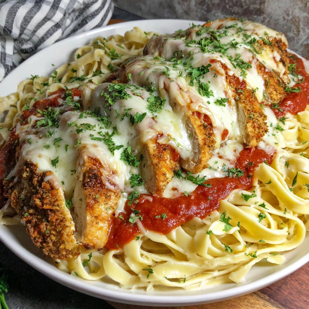 A plate of chicken Parmesan with fettuccine Alfredo.
