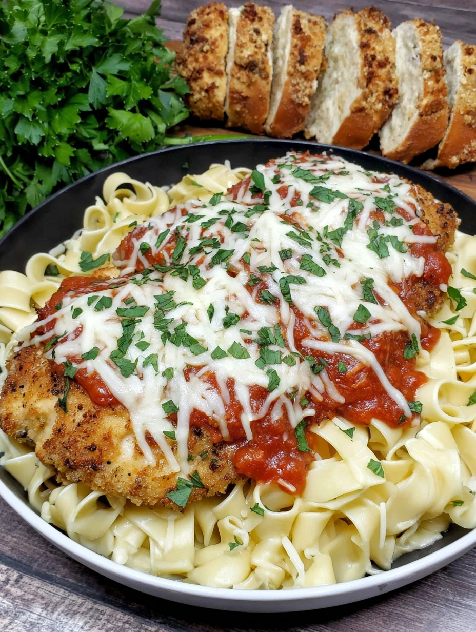 A plate of chicken parmesan with fettuccine alfredo.